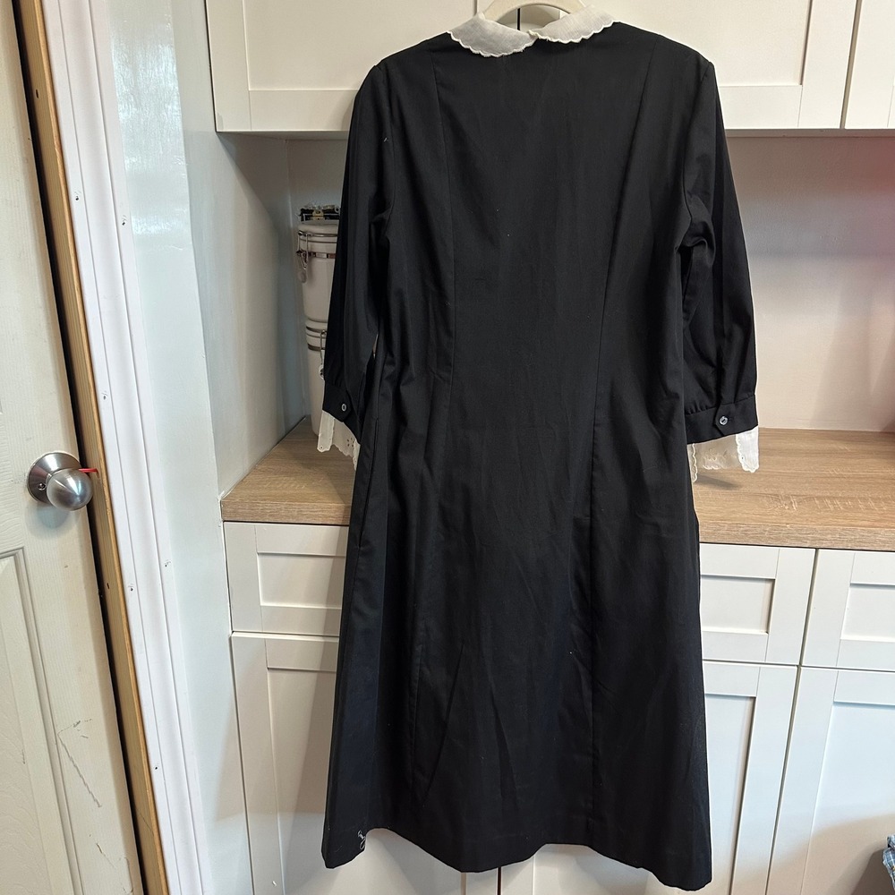 VTG 60s/70s Black Nurses Dress Womens 14 Lace PeterPan Collar Wednesday Addams - Picture 2 of 16
